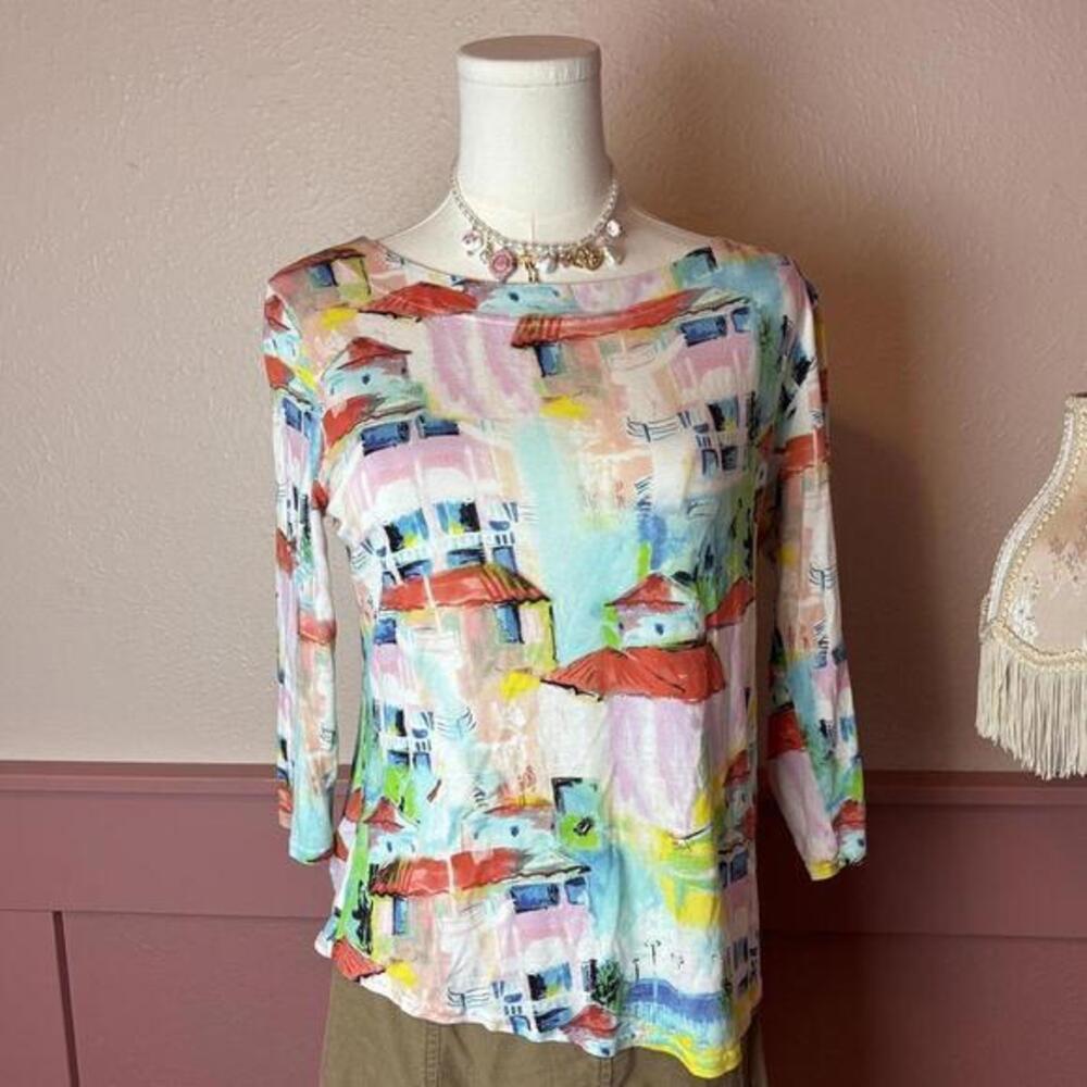 vtg abstract city watercolor 3/4 sleeve top  peck & peck sz PL pink white blue